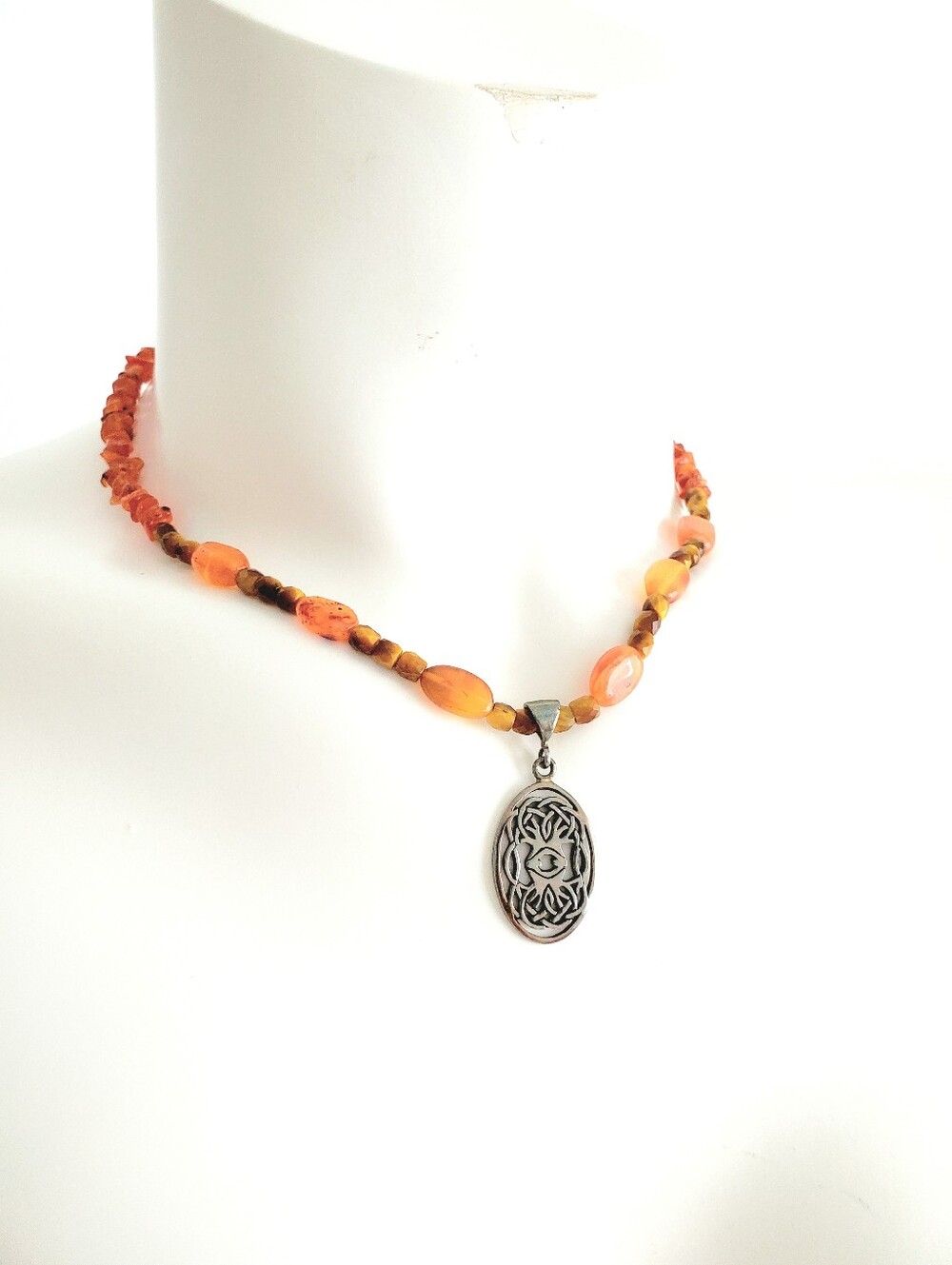 925 Sterling Silver Baltic Amber & Carnelian Beaded Pendant Necklace Boho